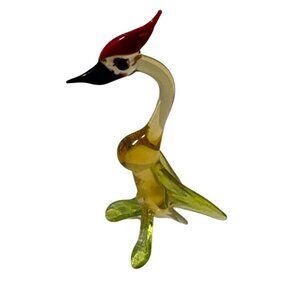 Glass Bird of Paradise Figurine Hand Blown Exotic Red Green & Yellow Accents 3"
